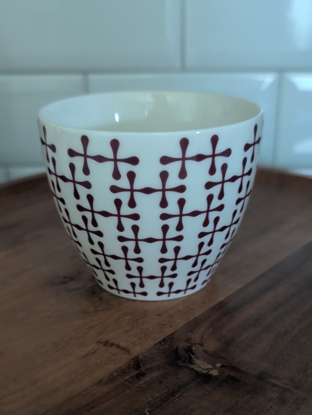 Starbucks White Bone China Cup with Jack's Burgundy Cross Design